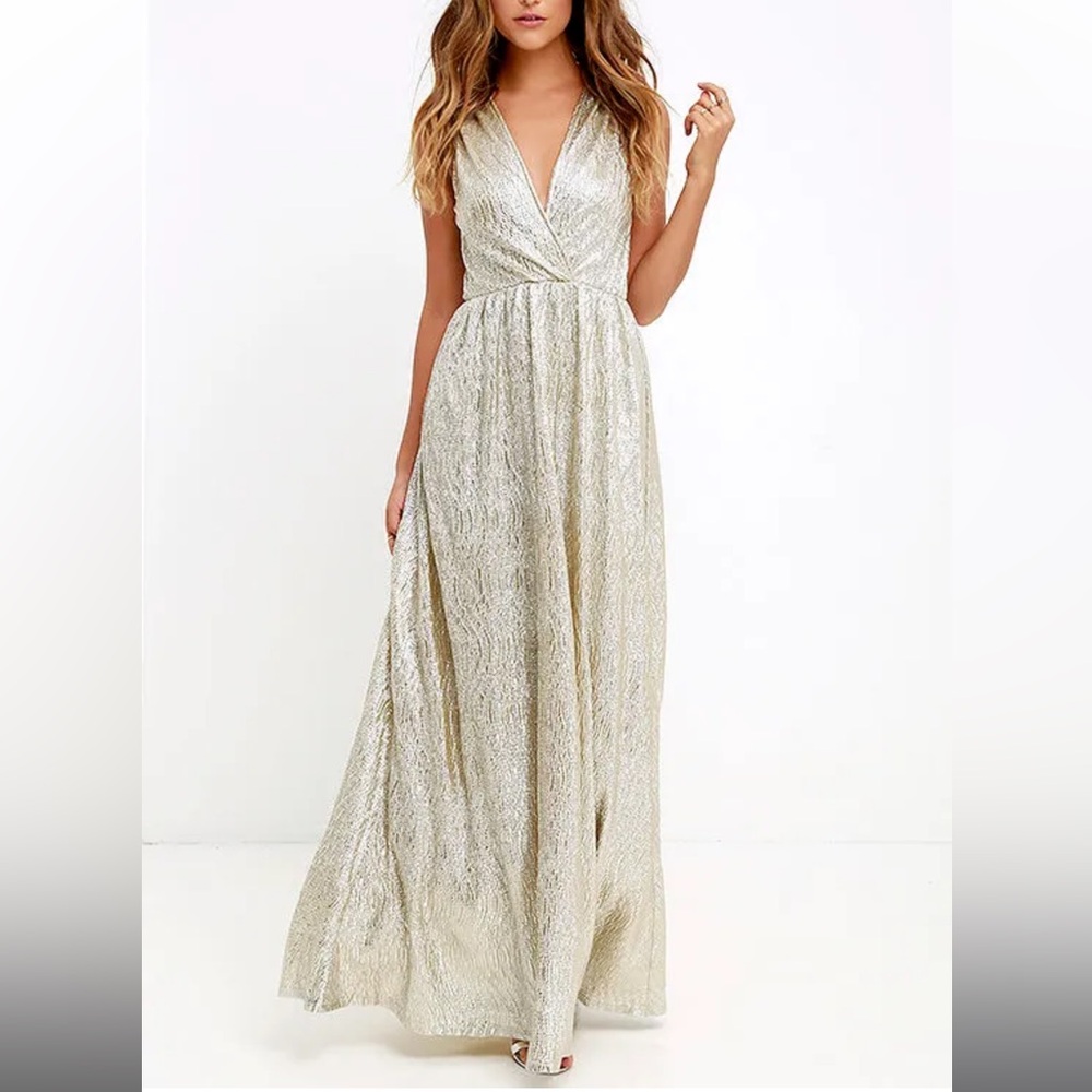 NEW Lulus All That Shimmers Is Gold Light Gold Maxi Dress - Size X-Small